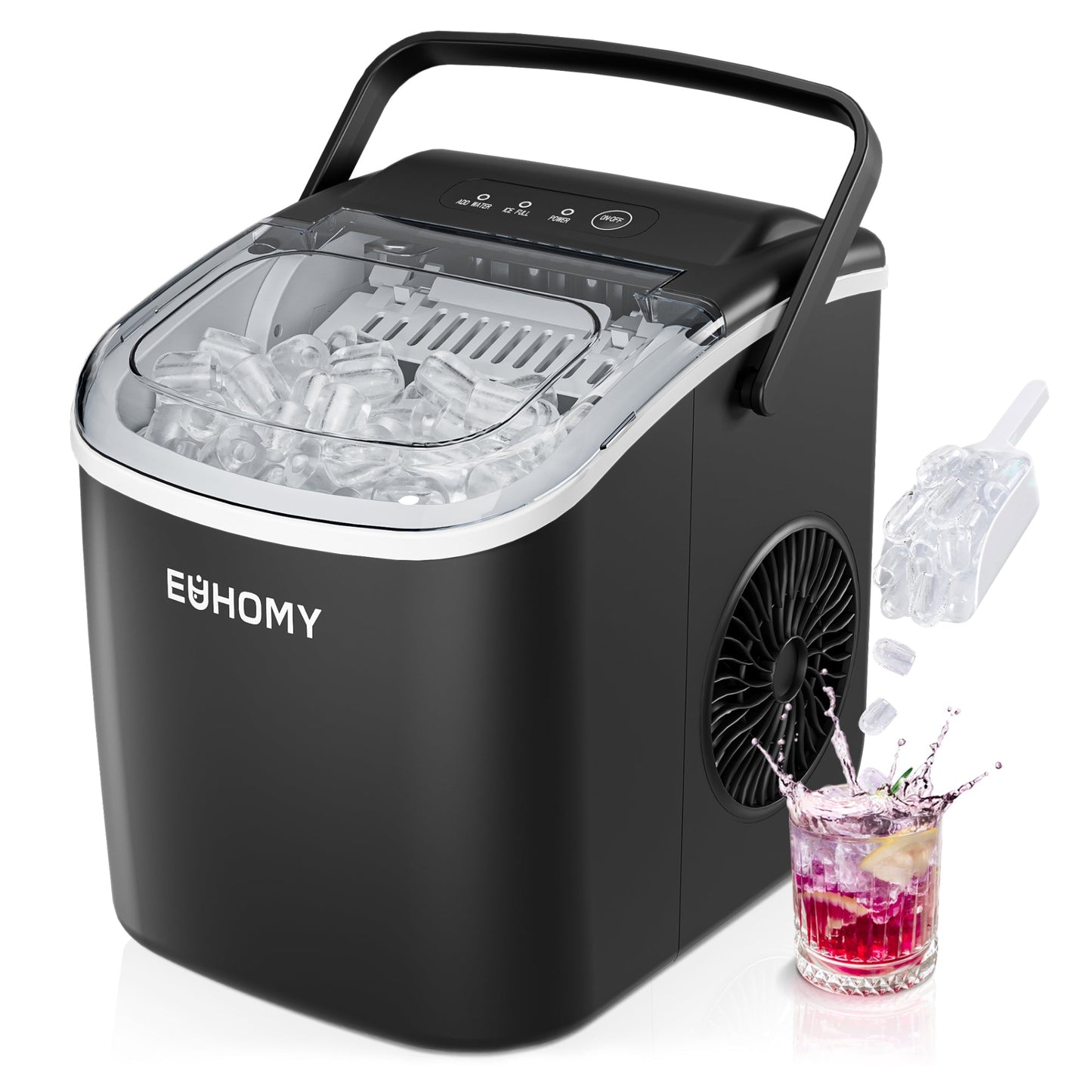 EUHOMY Dart H1 Portable Bullet Ice Maker Countertop With Handle - Black,12 inch, 26 Lbs/24H, Ready 9 Bullets in 6 Mins,Low Noise