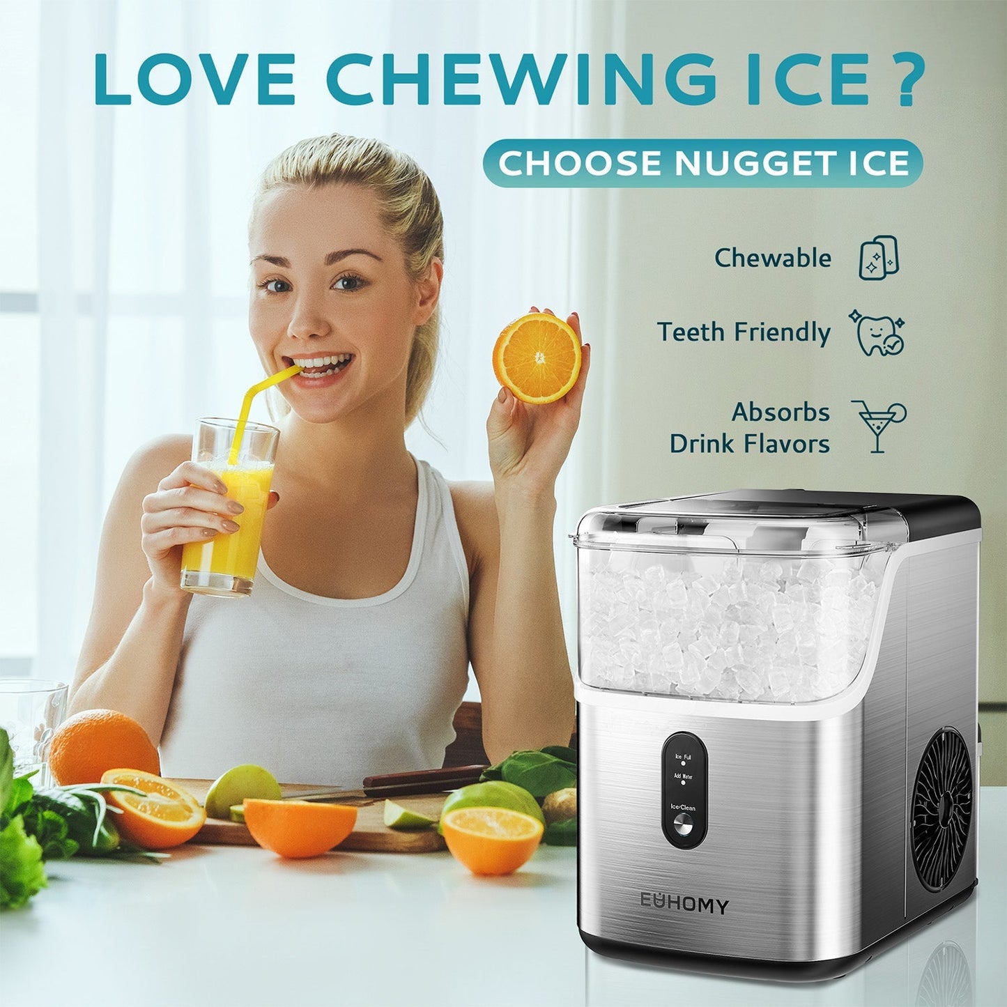 EUHOMY Pearl L1 Portable Nugget Ice Maker Countertop – 35 Lbs/24H, 6–8 Mins Fast Soft Ice, Simple & Clear LCD Panel