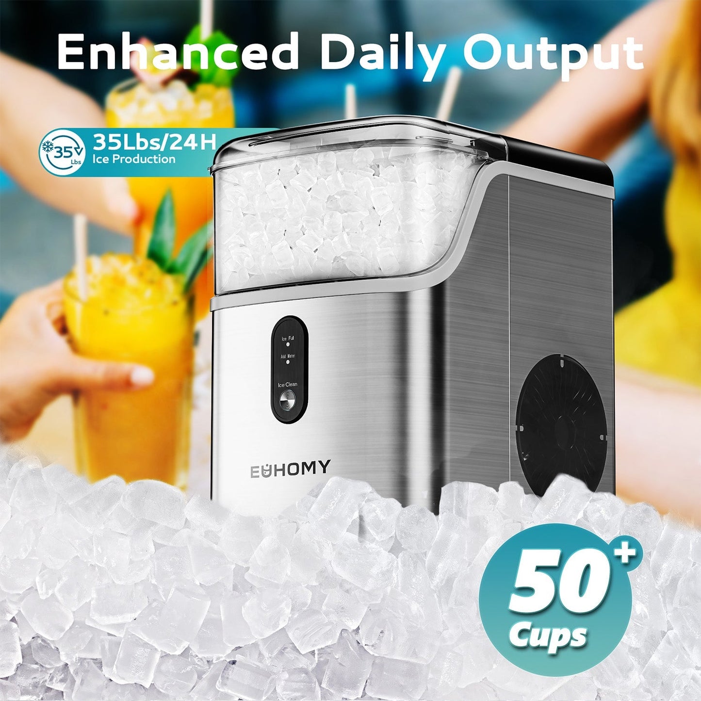 EUHOMY Pearl L1 Portable Nugget Ice Maker Countertop – 35 Lbs/24H, 6–8 Mins Fast Soft Ice, Simple & Clear LCD Panel