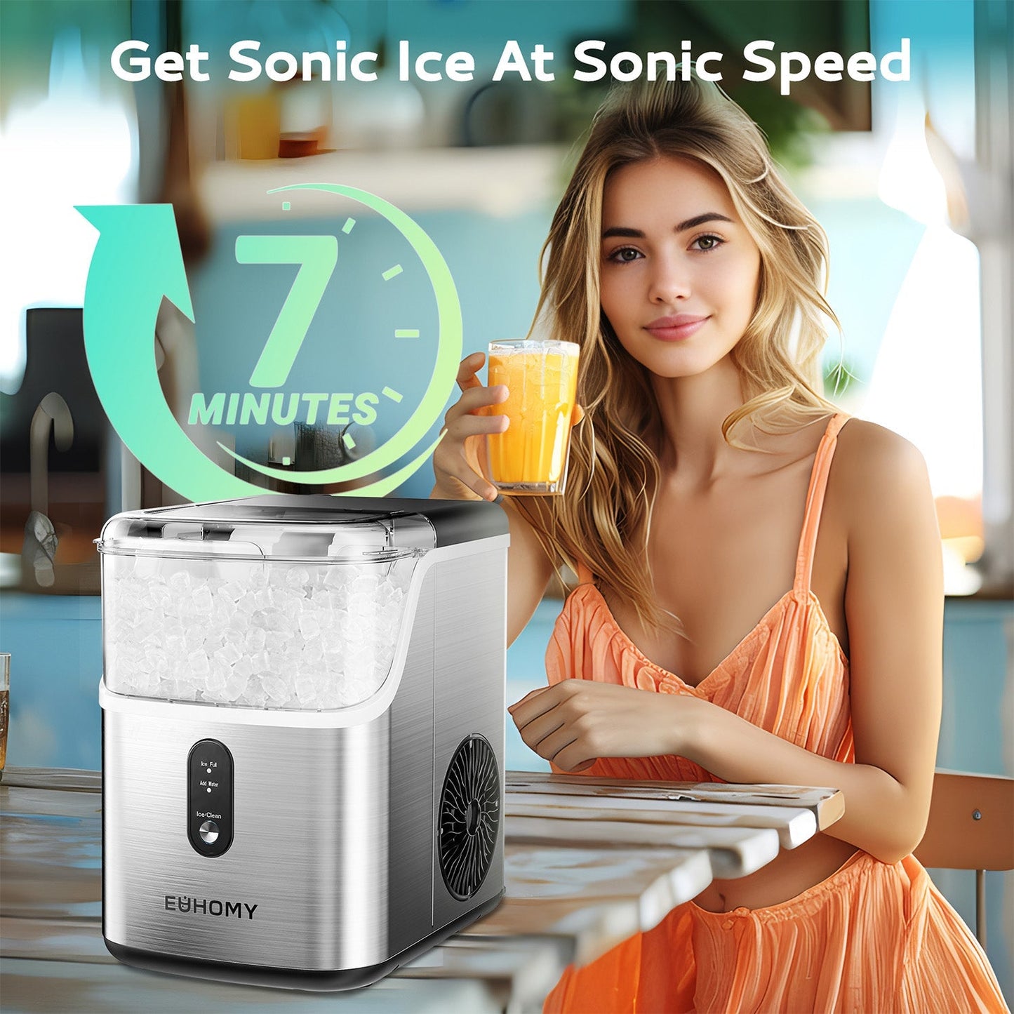 EUHOMY Pearl L1 Portable Nugget Ice Maker Countertop – 35 Lbs/24H, 6–8 Mins Fast Soft Ice, Simple & Clear LCD Panel
