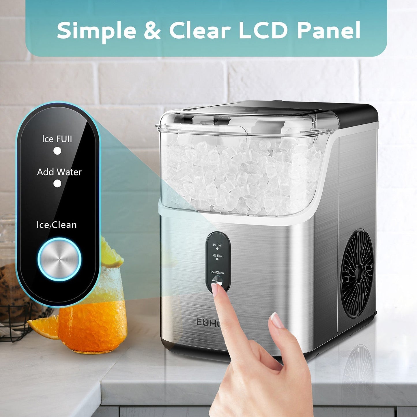 EUHOMY Pearl L1 Portable Nugget Ice Maker Countertop – 35 Lbs/24H, 6–8 Mins Fast Soft Ice, Simple & Clear LCD Panel