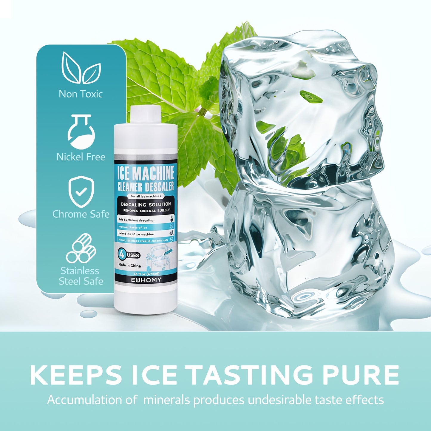 EUHOMY Ice Maker Cleaner - 16/32 Fl OZ, Safe and Odor Free, Powerful Cleansing, Universal Compatibility for Ice Makers