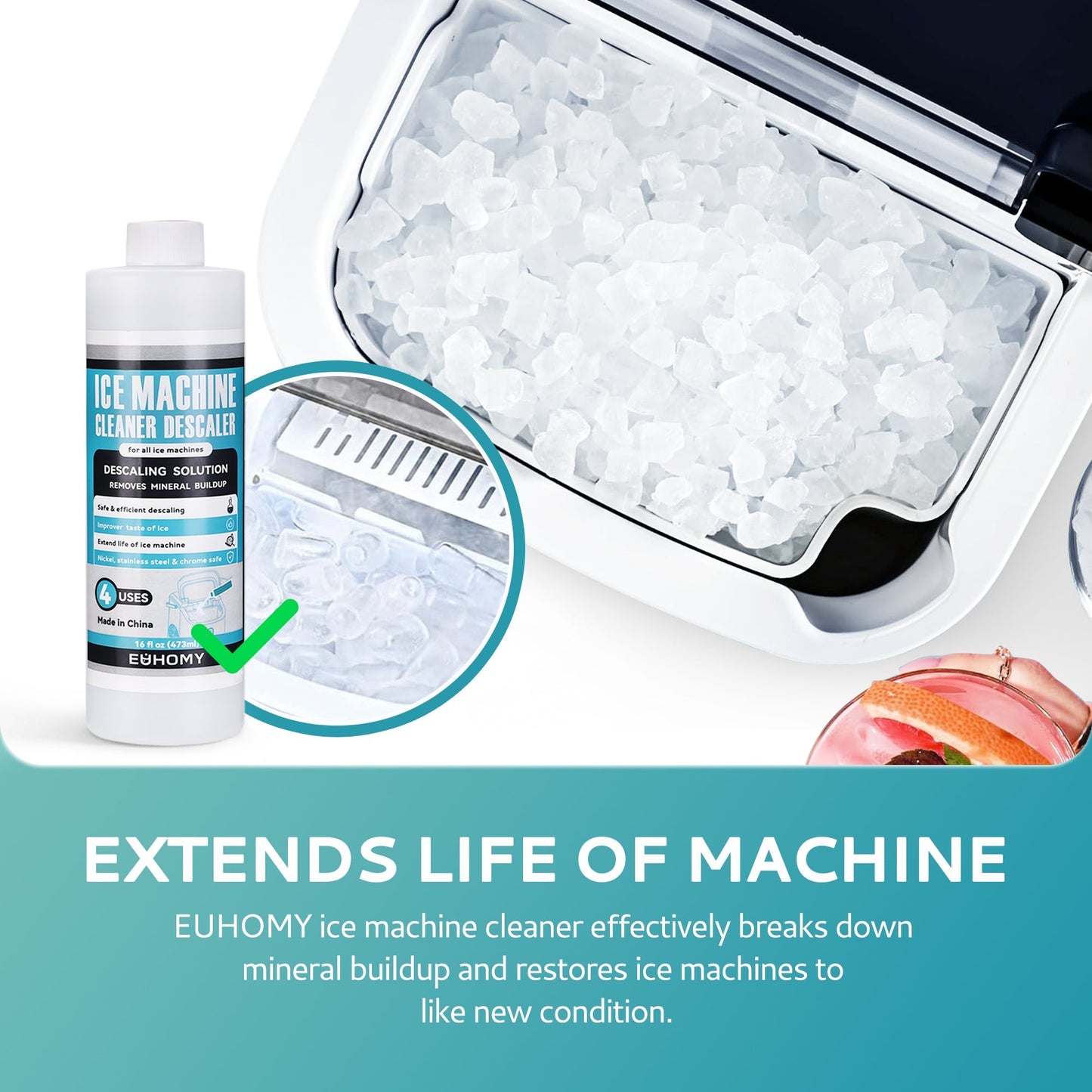 EUHOMY Ice Maker Cleaner - 16/32 Fl OZ, Safe and Odor Free, Powerful Cleansing, Universal Compatibility for Ice Makers