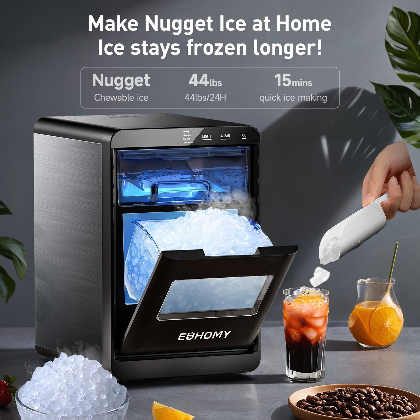 EUHOMY Pearl L1 Plus Portable Nugget Ice Maker Countertop - 44Lbs/24H, Smart Alerts