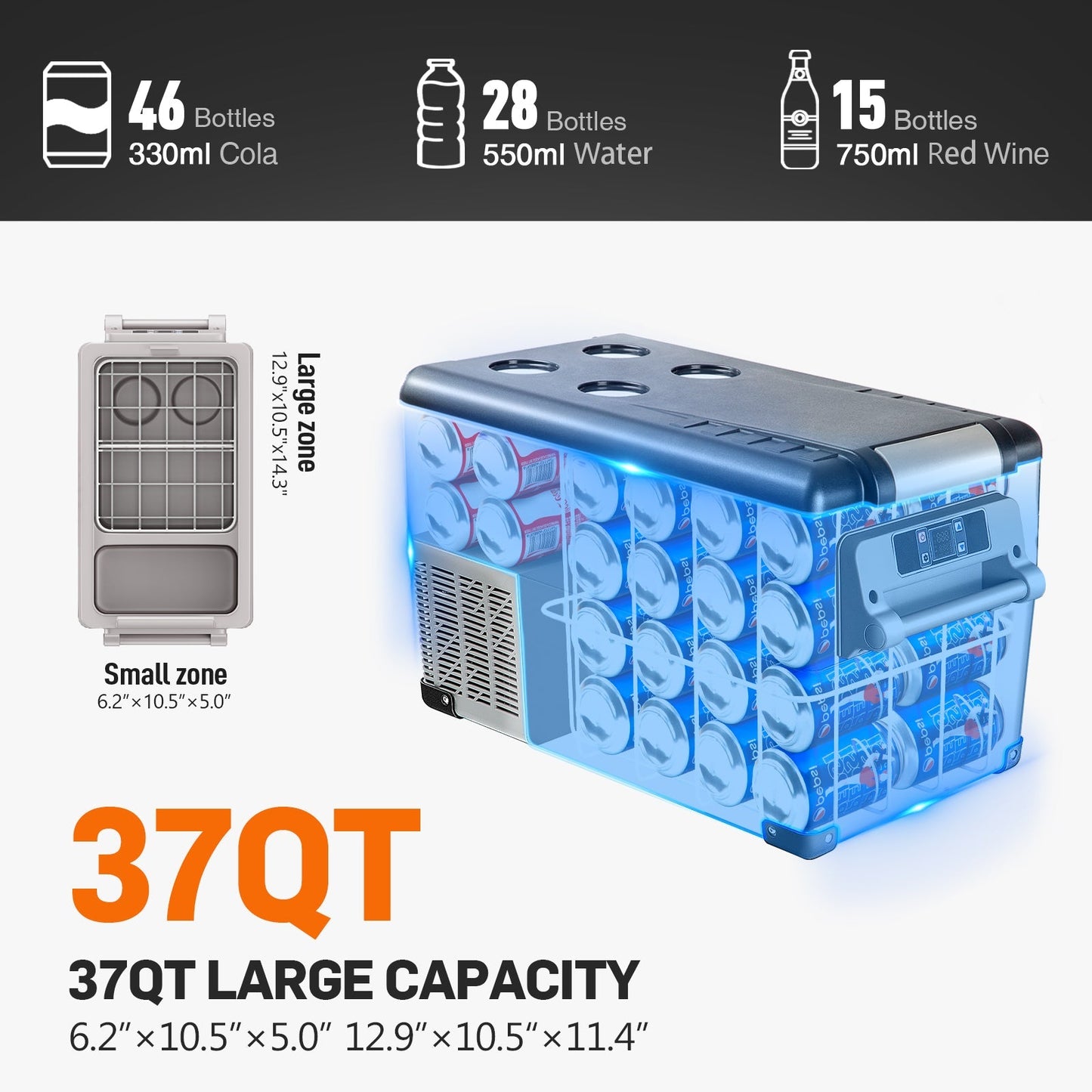 Euhomy 12 Volt Portable Refrigerator – 38 Quart, Dual Storage Area, App Control, Frost Free, Gray