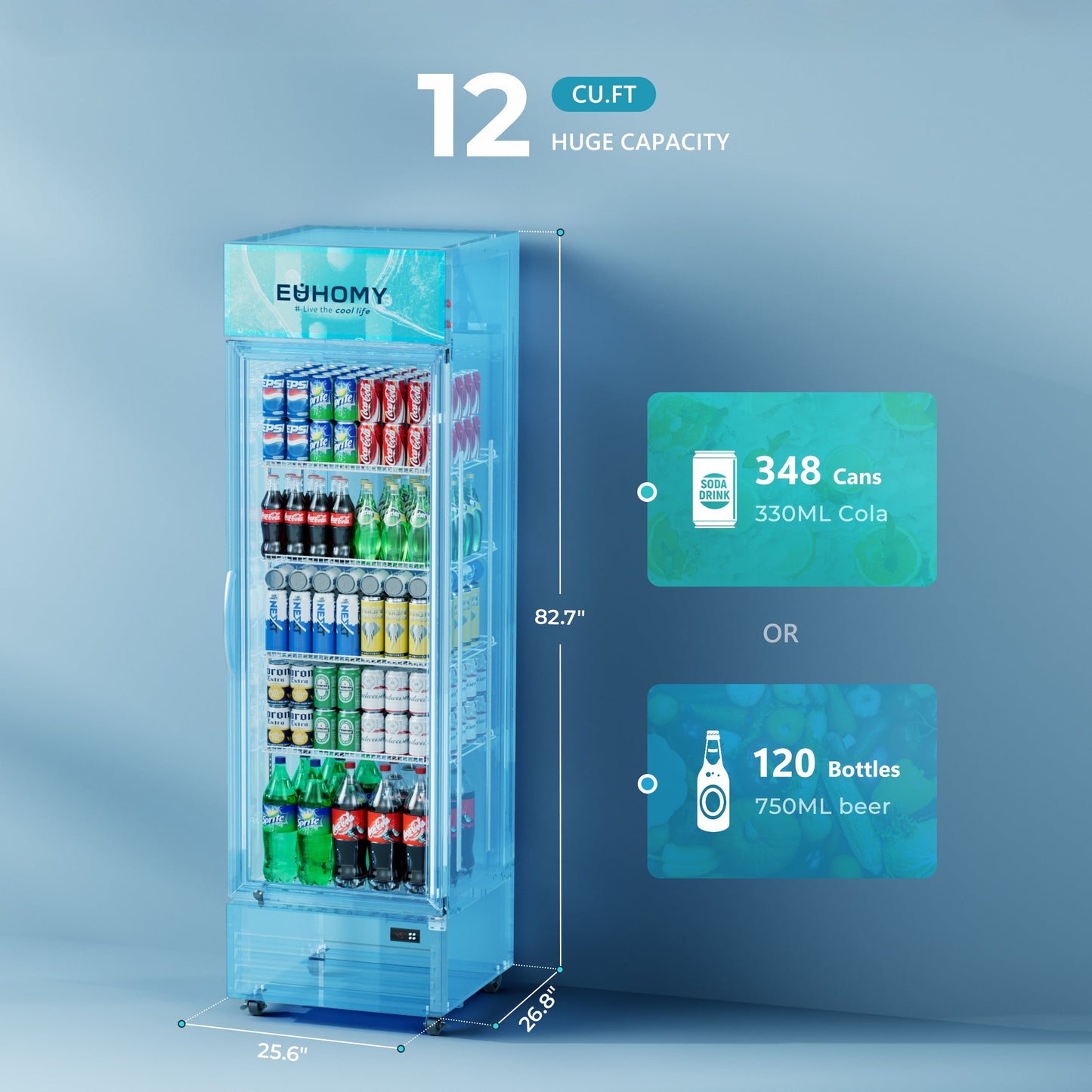 EUHOMY Commercial Display Refrigerator Glass Door Merchandiser Drink Fridge