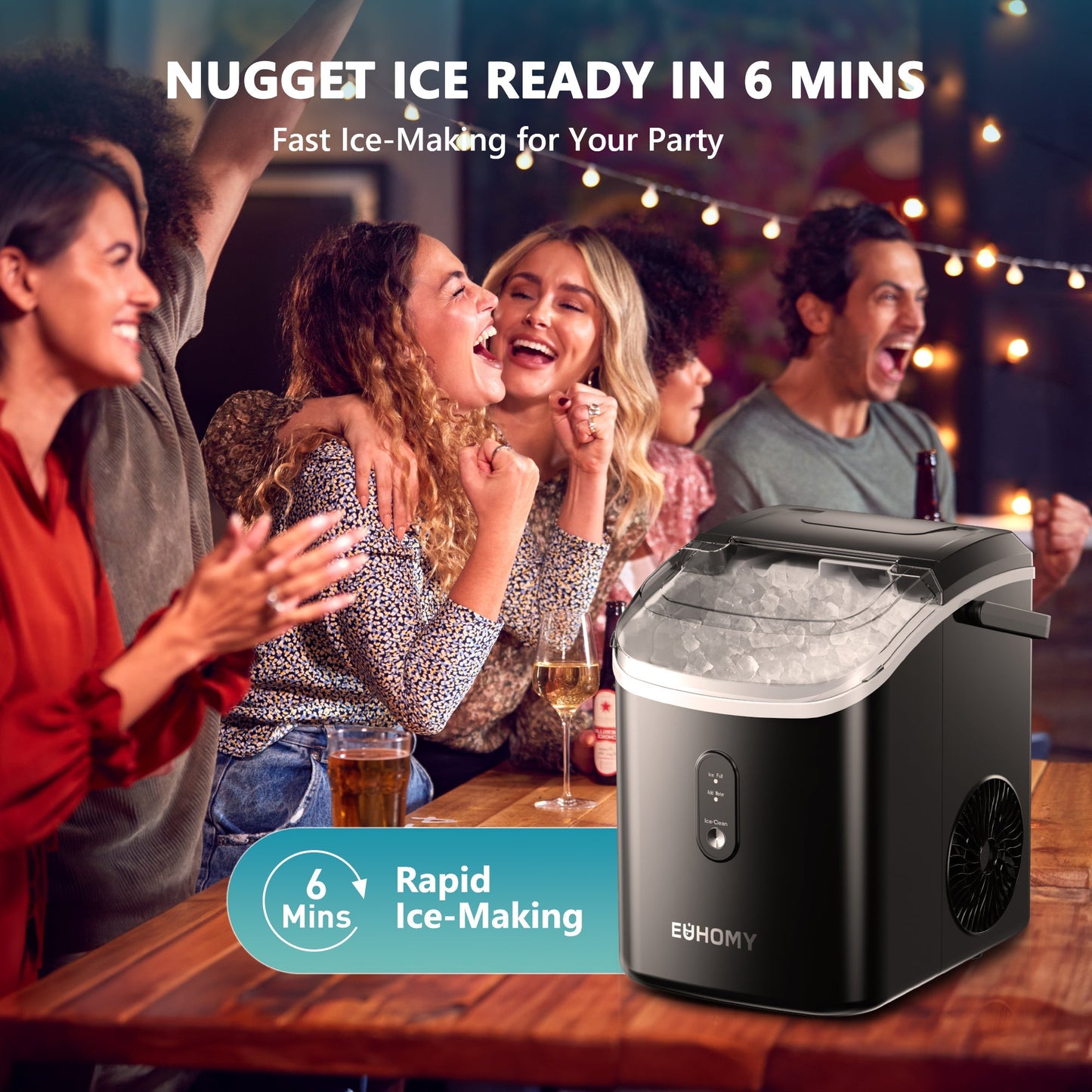 EUHOMY Pearl H1 Portable Nugget Ice Maker Countertop With Handle– 34Lbs/24H, 6-Min Fast Ice, Ice Full & Add Water Alerts