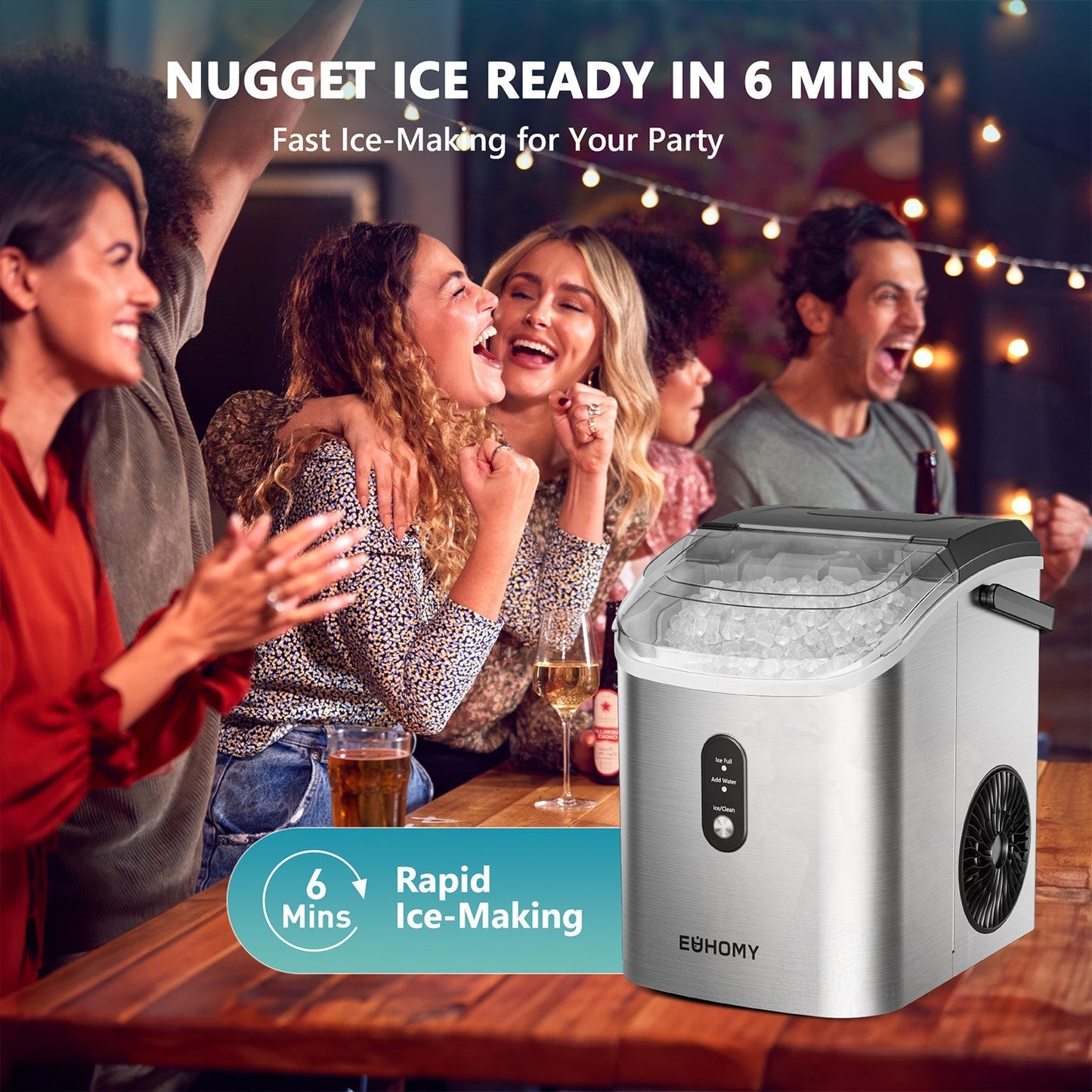 EUHOMY Pearl H1 Portable Nugget Ice Maker With Handle Countertop – Stainless Steel, 34Lbs/24H, 6-Min Fast Ice, Auto-Cleaning, Ice Full & Add Water Alerts
