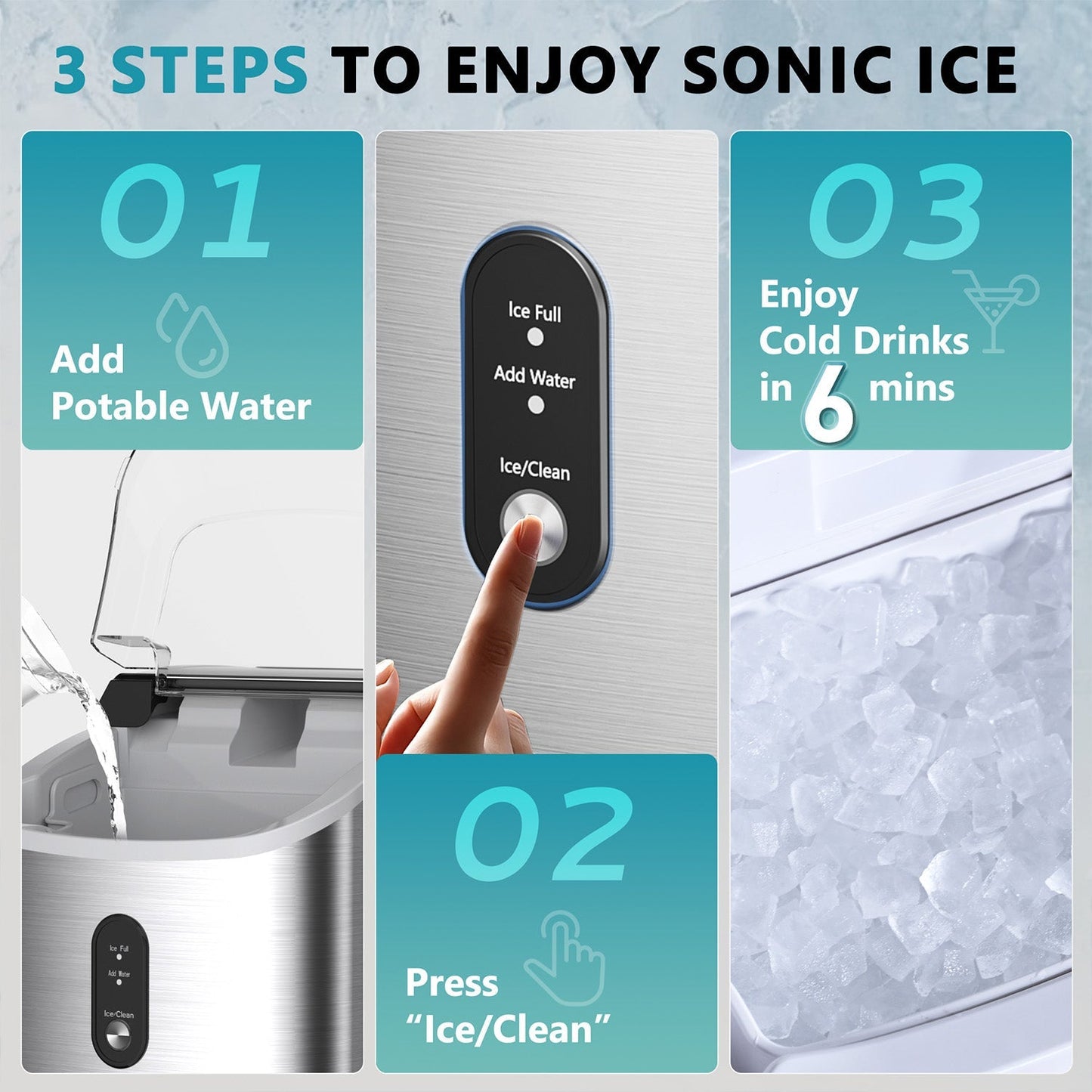 EUHOMY Pearl H1 Portable Nugget Ice Maker With Handle Countertop – Stainless Steel, 34Lbs/24H, 6-Min Fast Ice, Auto-Cleaning, Ice Full & Add Water Alerts
