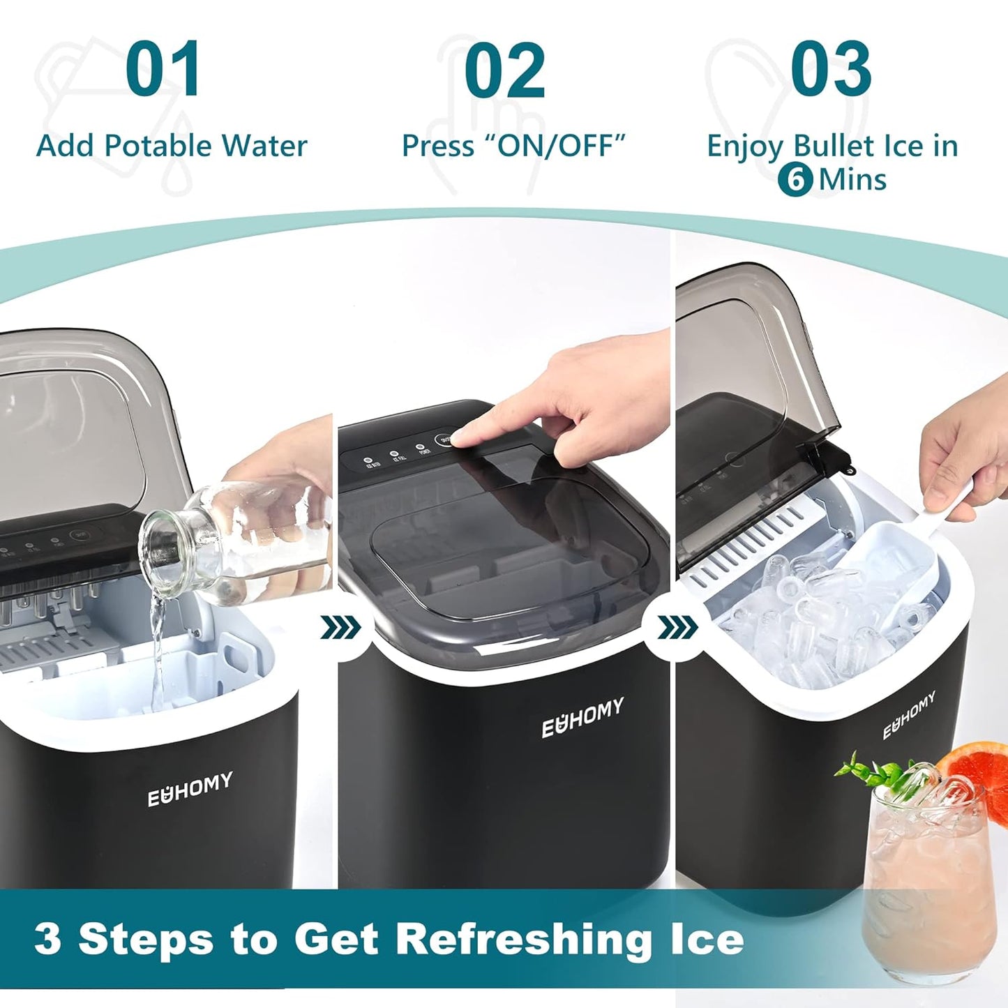 EUHOMY Dart H1 Portable Bullet Ice Maker Countertop With Handle - Black,12 inch, 26 Lbs/24H, Ready 9 Bullets in 6 Mins,Low Noise