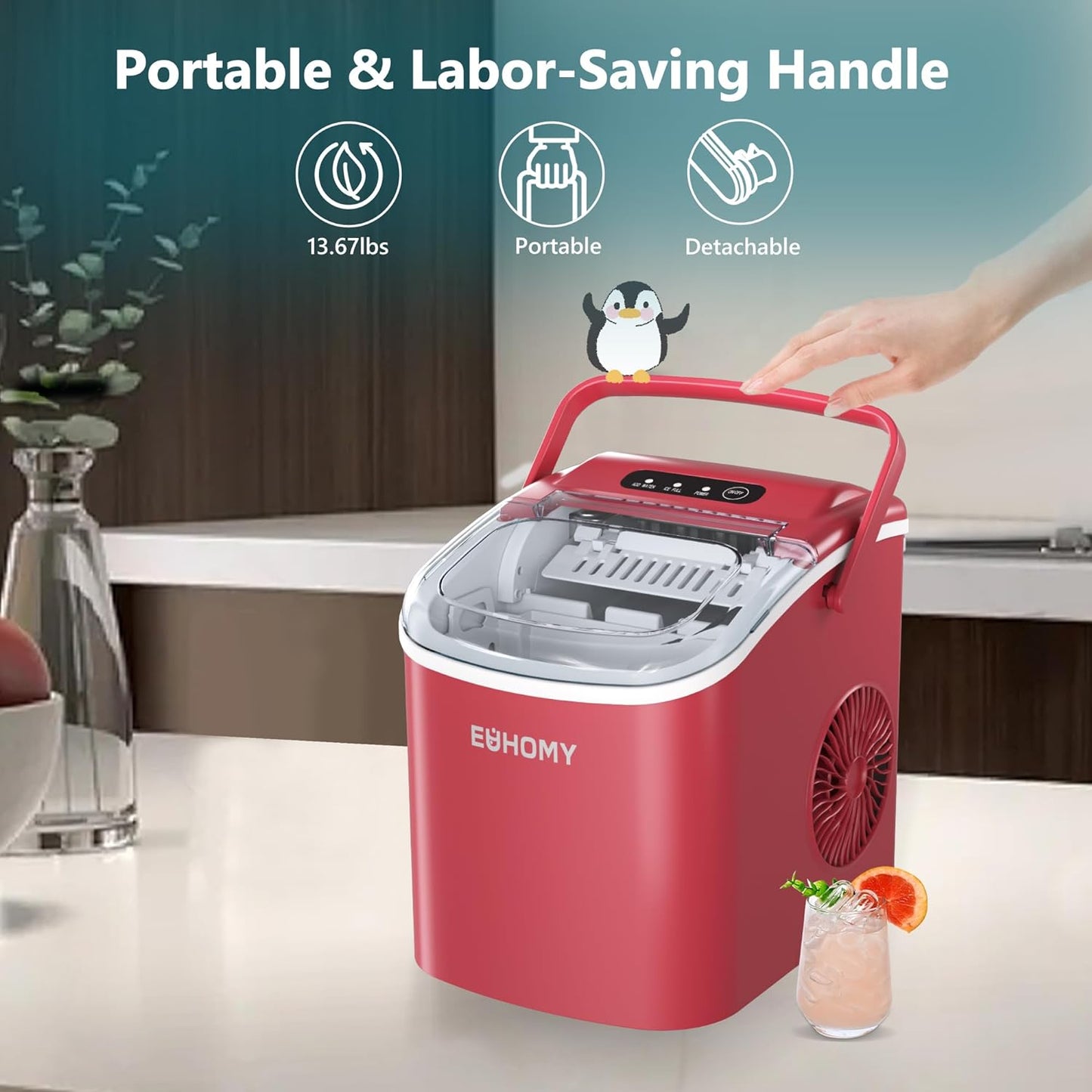 EUHOMY Dart H1 Portable Bullet Ice Maker Countertop With Handle - Red,12 inch, 26 Lbs/24H, Ready 9 Bullets in 6 Mins, Self-Cleaning