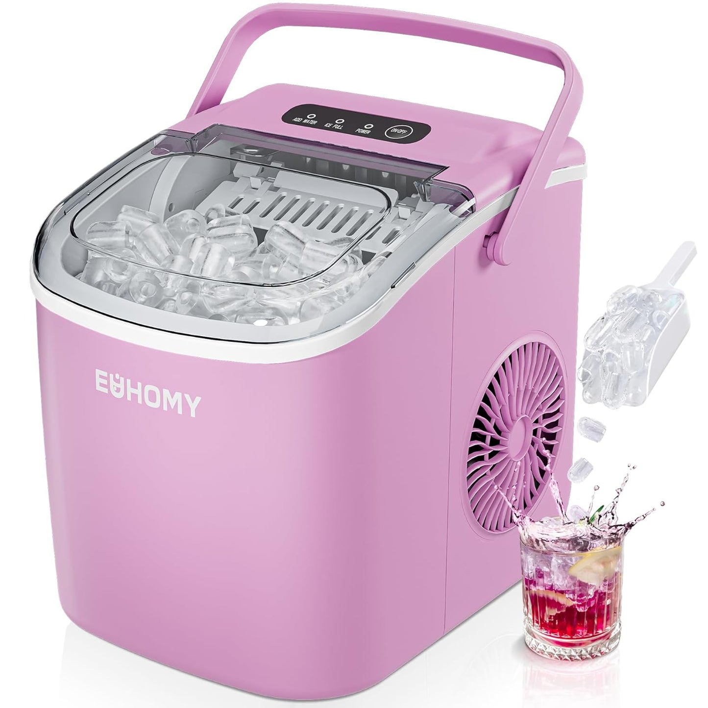 EUHOMY Dart H1 Portable Bullet Ice Maker Countertop With Handle - Pink,12 inch, 26 Lbs/24H, Ready 9 Bullets in 6 Mins, Ultra Quieter