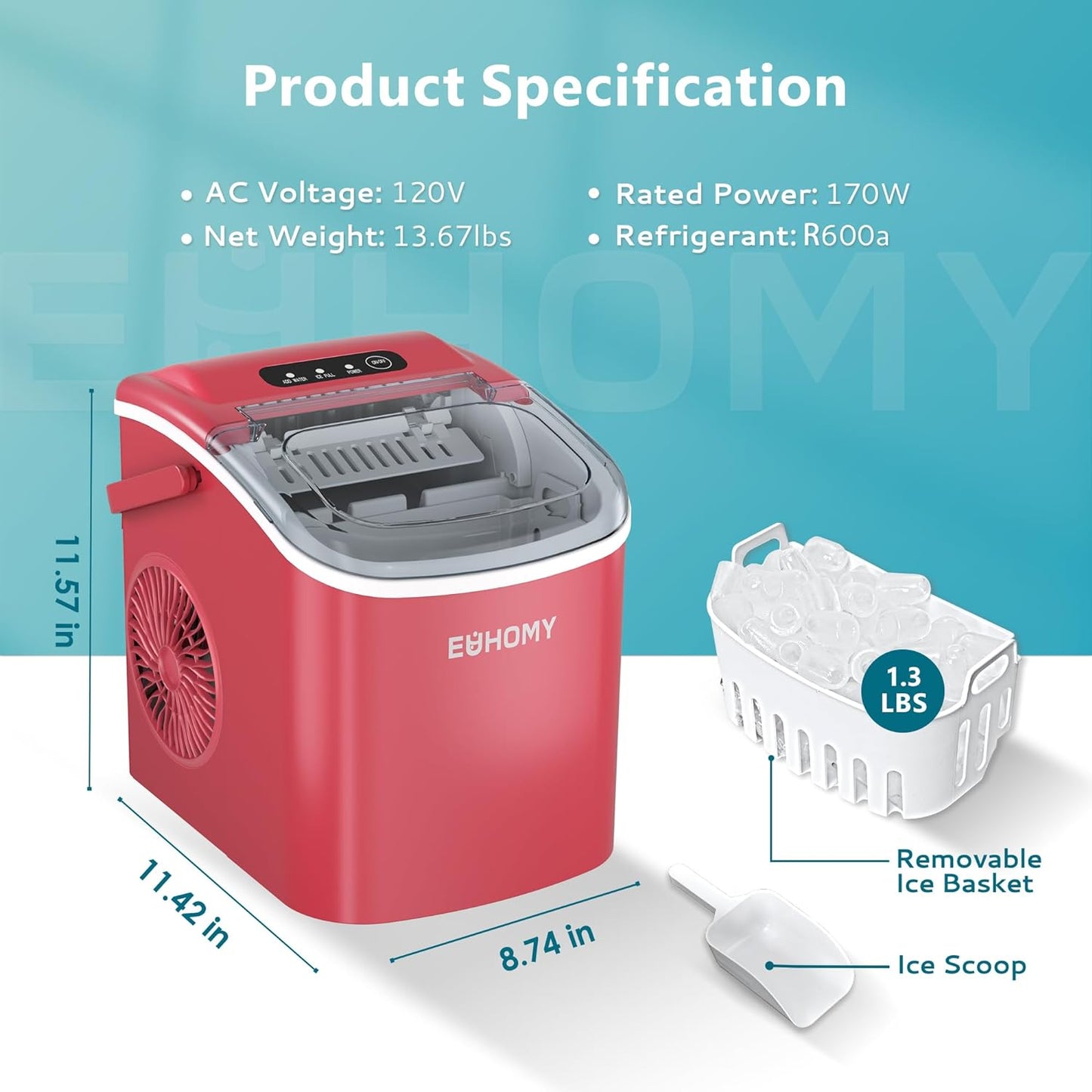 EUHOMY Dart H1 Portable Bullet Ice Maker Countertop With Handle - Red,12 inch, 26 Lbs/24H, Ready 9 Bullets in 6 Mins, Self-Cleaning