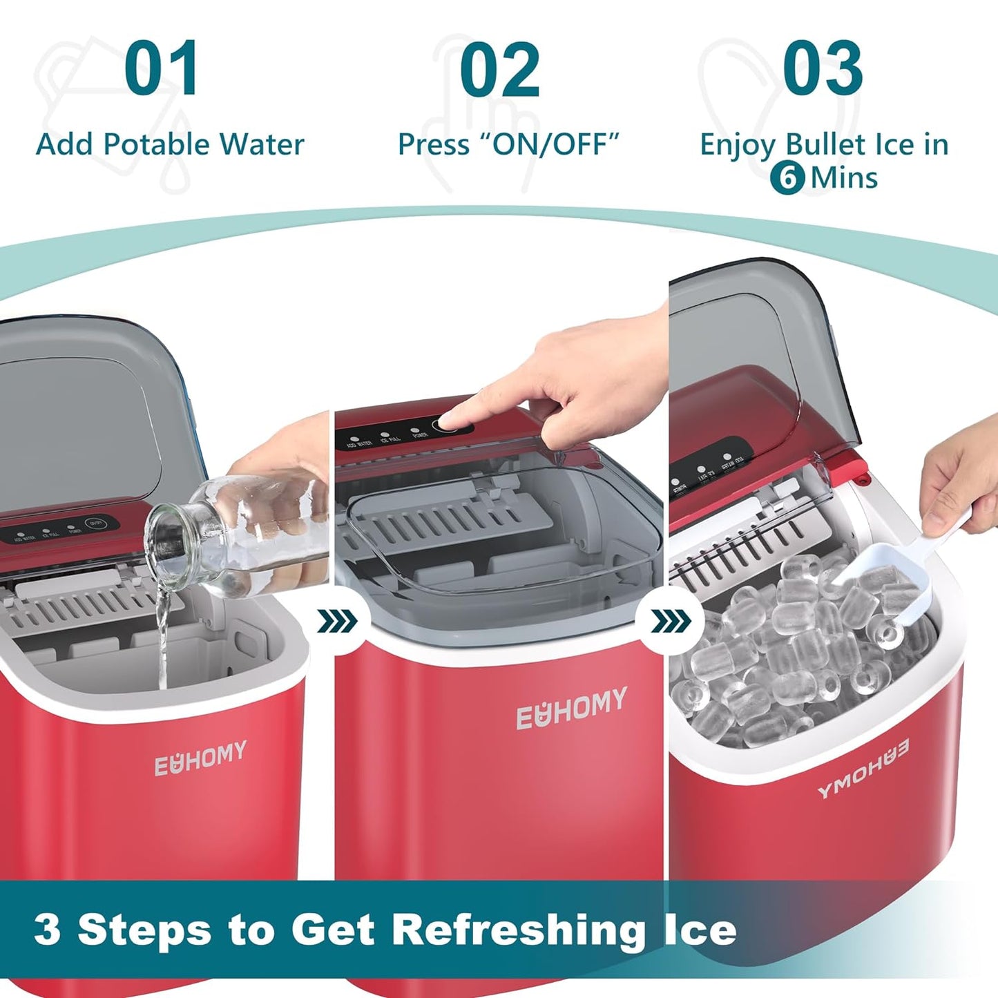 EUHOMY Dart H1 Portable Bullet Ice Maker Countertop With Handle - Red,12 inch, 26 Lbs/24H, Ready 9 Bullets in 6 Mins, Self-Cleaning