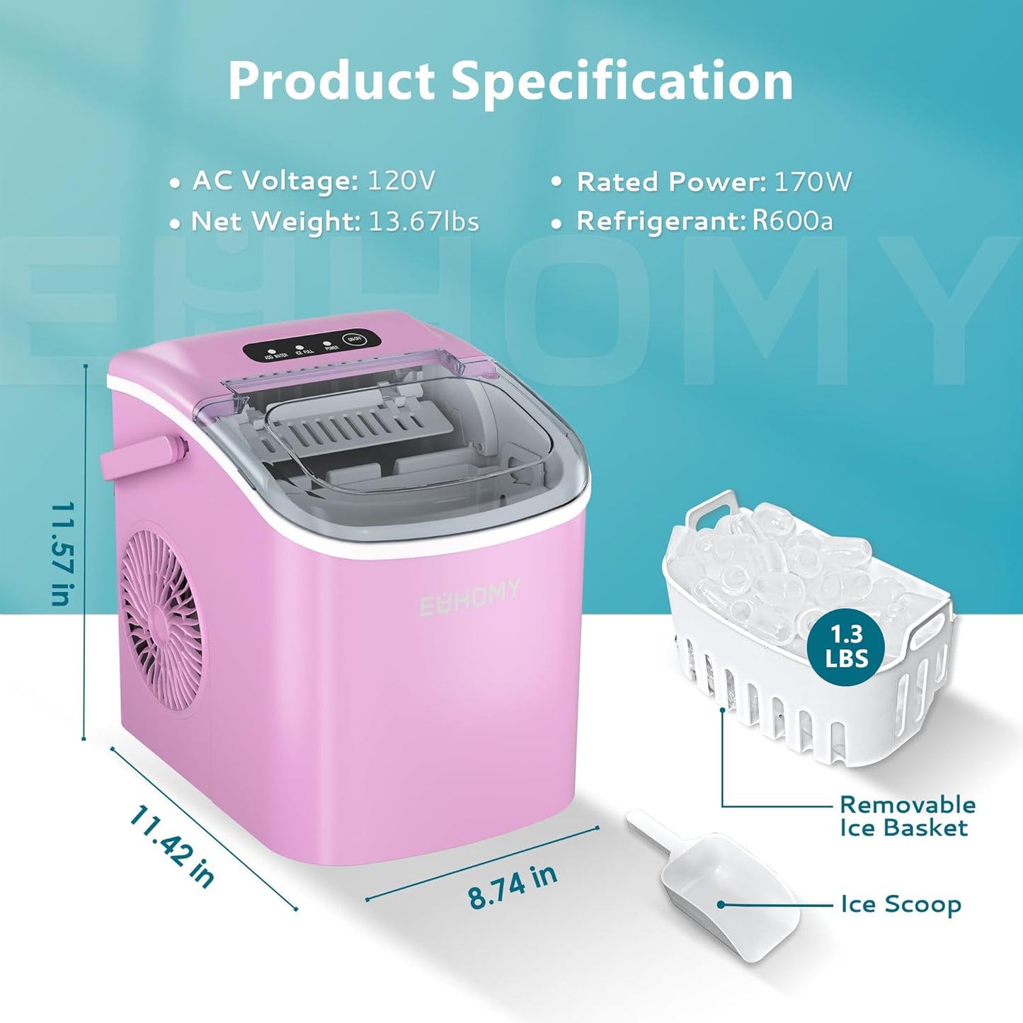 EUHOMY Dart H1 Portable Bullet Ice Maker Countertop With Handle - Pink,12 inch, 26 Lbs/24H, Ready 9 Bullets in 6 Mins, Ultra Quieter