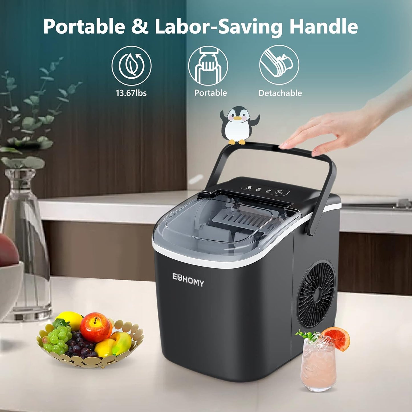 EUHOMY Dart H1 Portable Bullet Ice Maker Countertop With Handle - Black,12 inch, 26 Lbs/24H, Ready 9 Bullets in 6 Mins,Low Noise