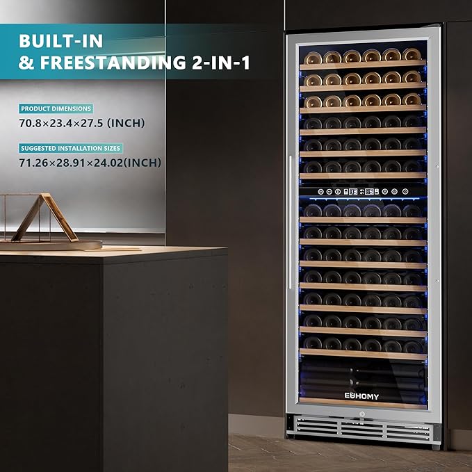 EUHOMY 24 Inch Wine Fridge Dual Zone, 154 Bottle Wine Cooler Refrigerator with Glass Door, Powerful Compressor Cooling