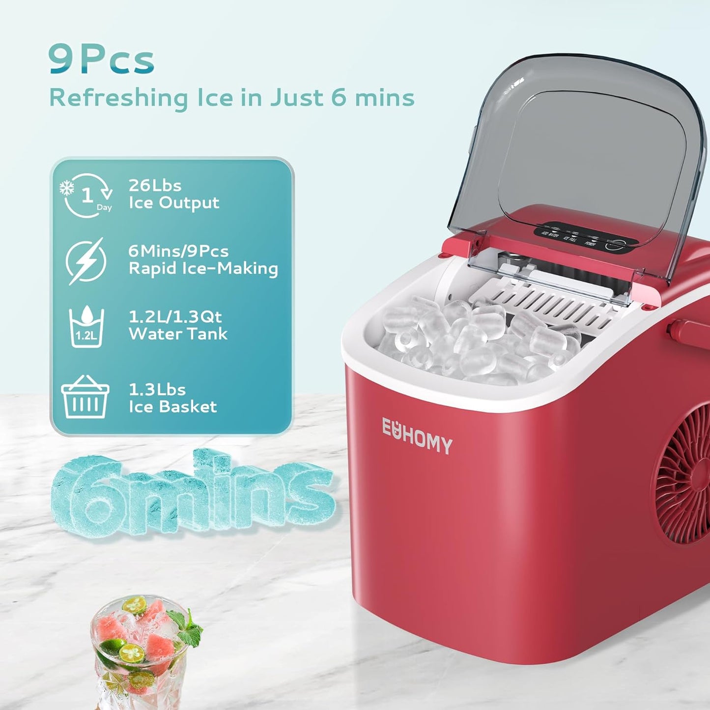 EUHOMY Dart H1 Portable Bullet Ice Maker Countertop With Handle - Red,12 inch, 26 Lbs/24H, Ready 9 Bullets in 6 Mins, Self-Cleaning