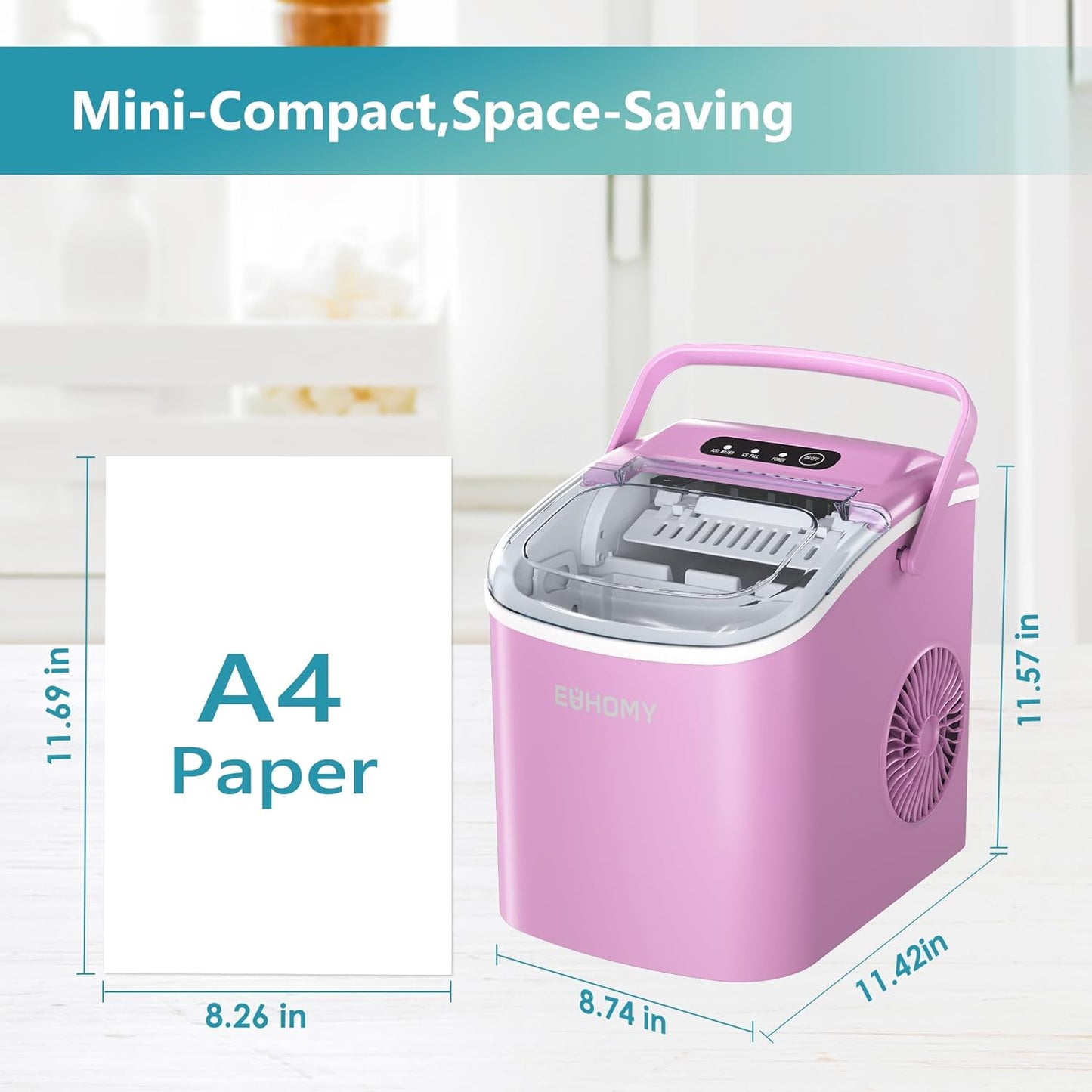 EUHOMY Dart H1 Portable Bullet Ice Maker Countertop With Handle - Pink,12 inch, 26 Lbs/24H, Ready 9 Bullets in 6 Mins, Ultra Quieter