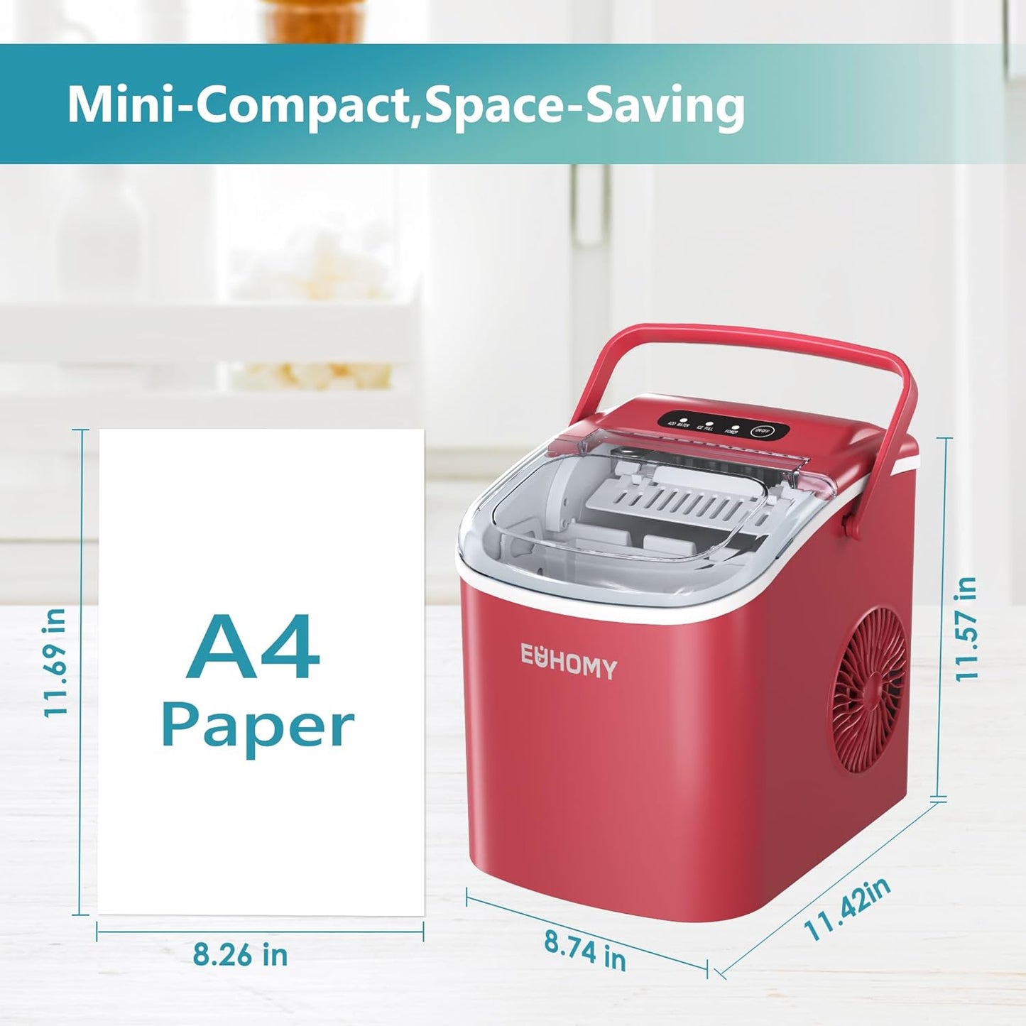 EUHOMY Dart H1 Portable Bullet Ice Maker Countertop With Handle - Red,12 inch, 26 Lbs/24H, Ready 9 Bullets in 6 Mins, Self-Cleaning