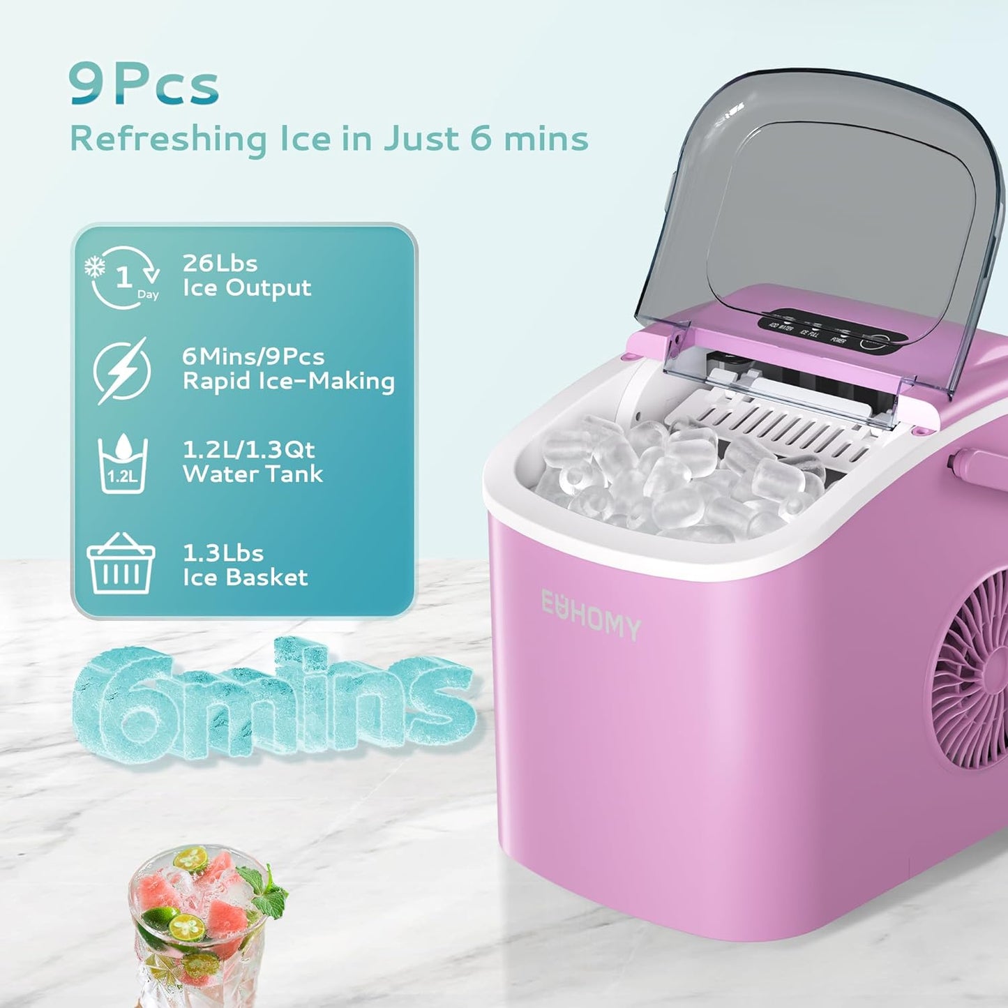 EUHOMY Dart H1 Portable Bullet Ice Maker Countertop With Handle - Pink,12 inch, 26 Lbs/24H, Ready 9 Bullets in 6 Mins, Ultra Quieter