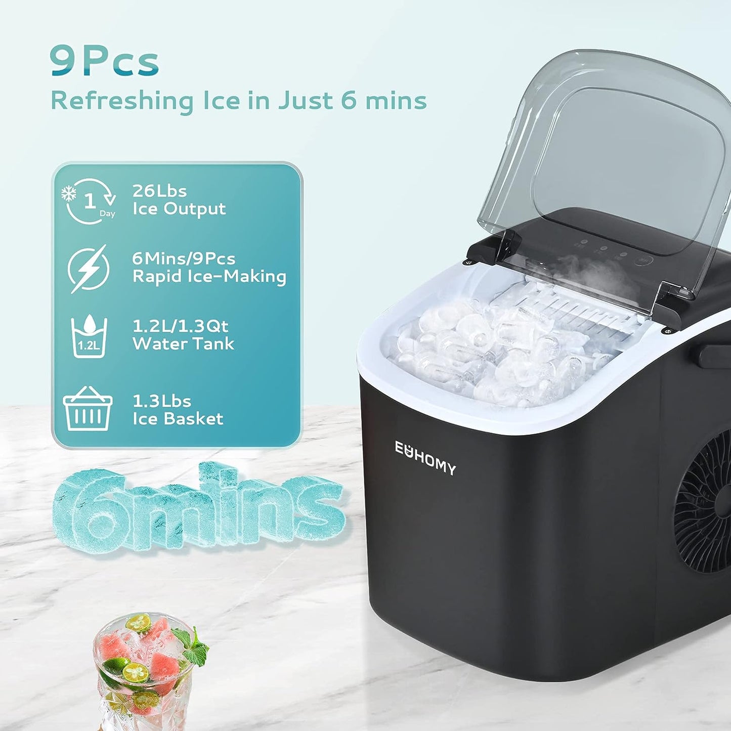 EUHOMY Dart H1 Portable Bullet Ice Maker Countertop With Handle - Black,12 inch, 26 Lbs/24H, Ready 9 Bullets in 6 Mins,Low Noise