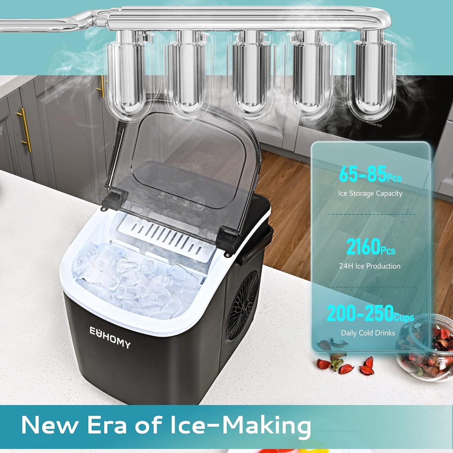 EUHOMY Dart H1 Portable Bullet Ice Maker Countertop With Handle - Black,12 inch, 26 Lbs/24H, Ready 9 Bullets in 6 Mins,Low Noise