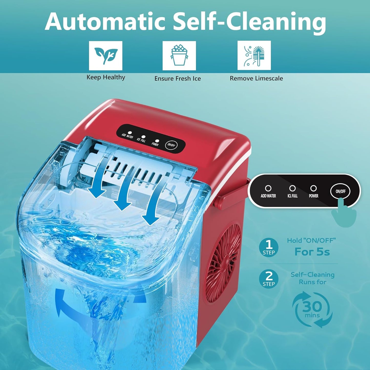 EUHOMY Dart H1 Portable Bullet Ice Maker Countertop With Handle - Red,12 inch, 26 Lbs/24H, Ready 9 Bullets in 6 Mins, Self-Cleaning
