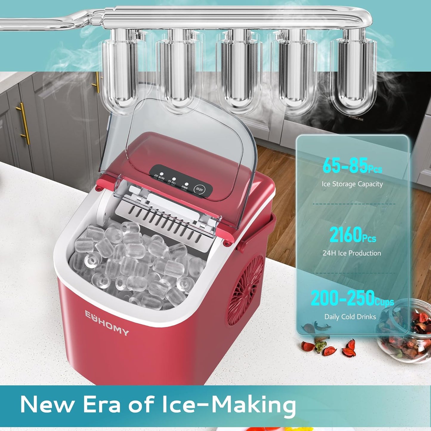 EUHOMY Dart H1 Portable Bullet Ice Maker Countertop With Handle - Red,12 inch, 26 Lbs/24H, Ready 9 Bullets in 6 Mins, Self-Cleaning