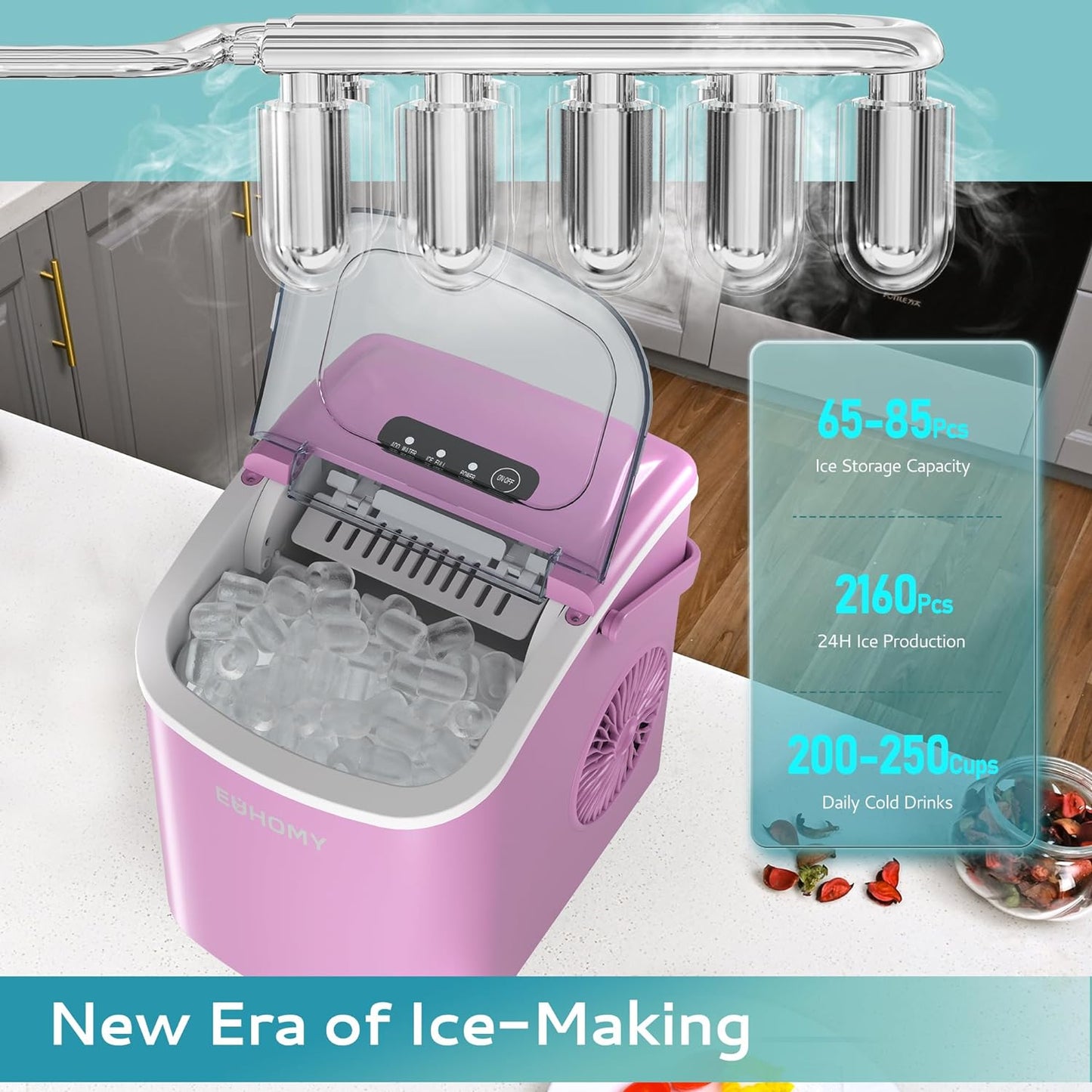 EUHOMY Dart H1 Portable Bullet Ice Maker Countertop With Handle - Pink,12 inch, 26 Lbs/24H, Ready 9 Bullets in 6 Mins, Ultra Quieter