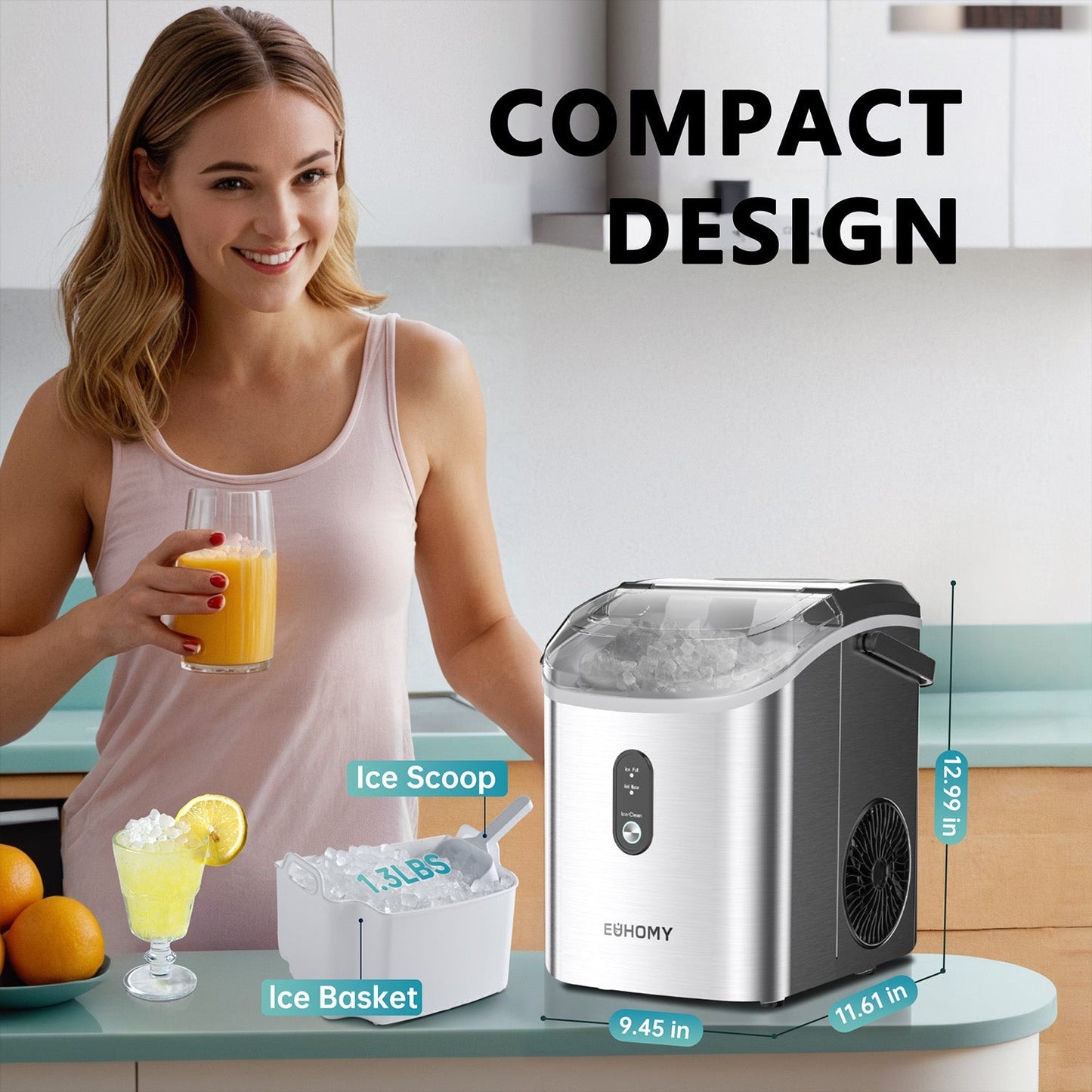 EUHOMY Pearl H1 Portable Nugget Ice Maker With Handle Countertop – Stainless Steel, 34Lbs/24H, 6-Min Fast Ice, Auto-Cleaning, Ice Full & Add Water Alerts