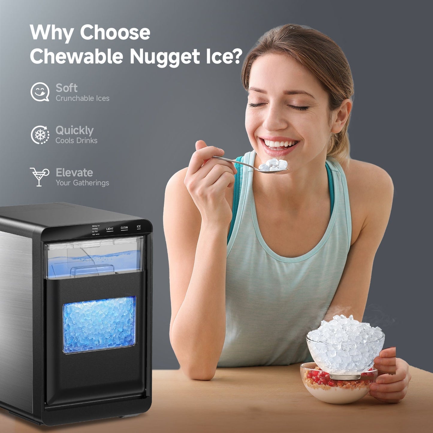 EUHOMY Pearl L1 Plus Portable Nugget Ice Maker Countertop - 44Lbs/24H, Smart Alerts