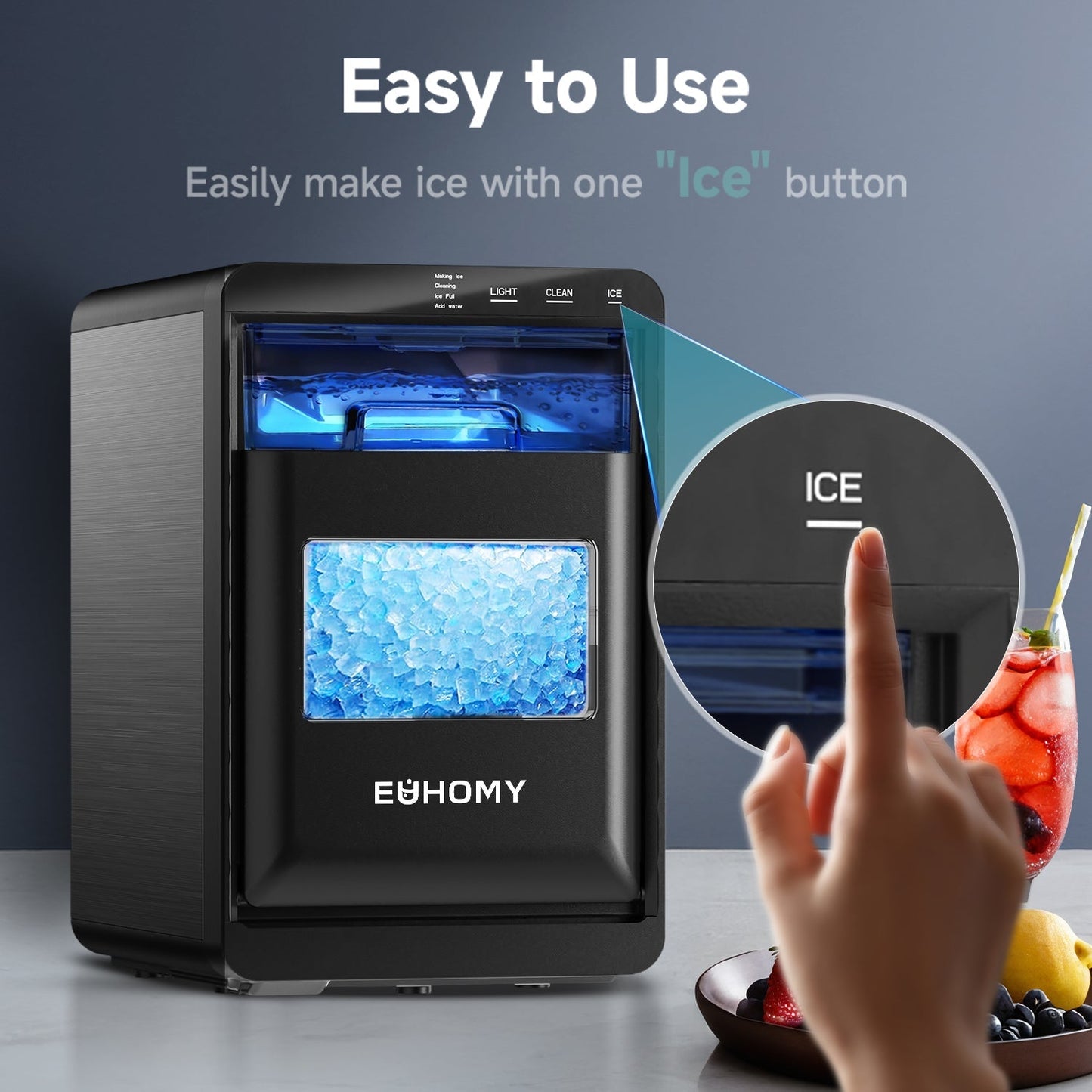 EUHOMY Pearl L1 Plus Portable Nugget Ice Maker Countertop - 44Lbs/24H, Smart Alerts