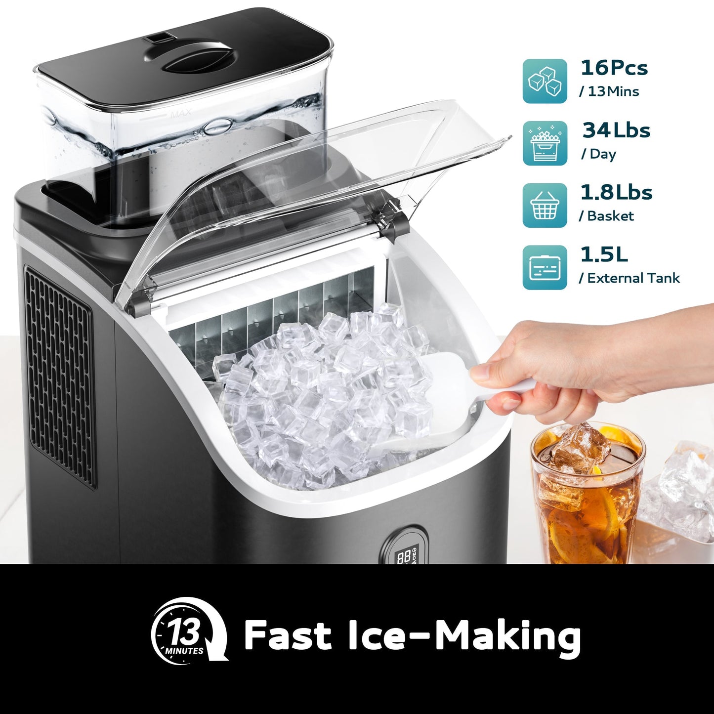 EUHOMY Tile SE Portable Cube Ice Maker Countertop - 1.5L Extra Large Water Tank, Adjustable Ice Thickness , Scheduled On/Off Timer, Auto-Cleaning
