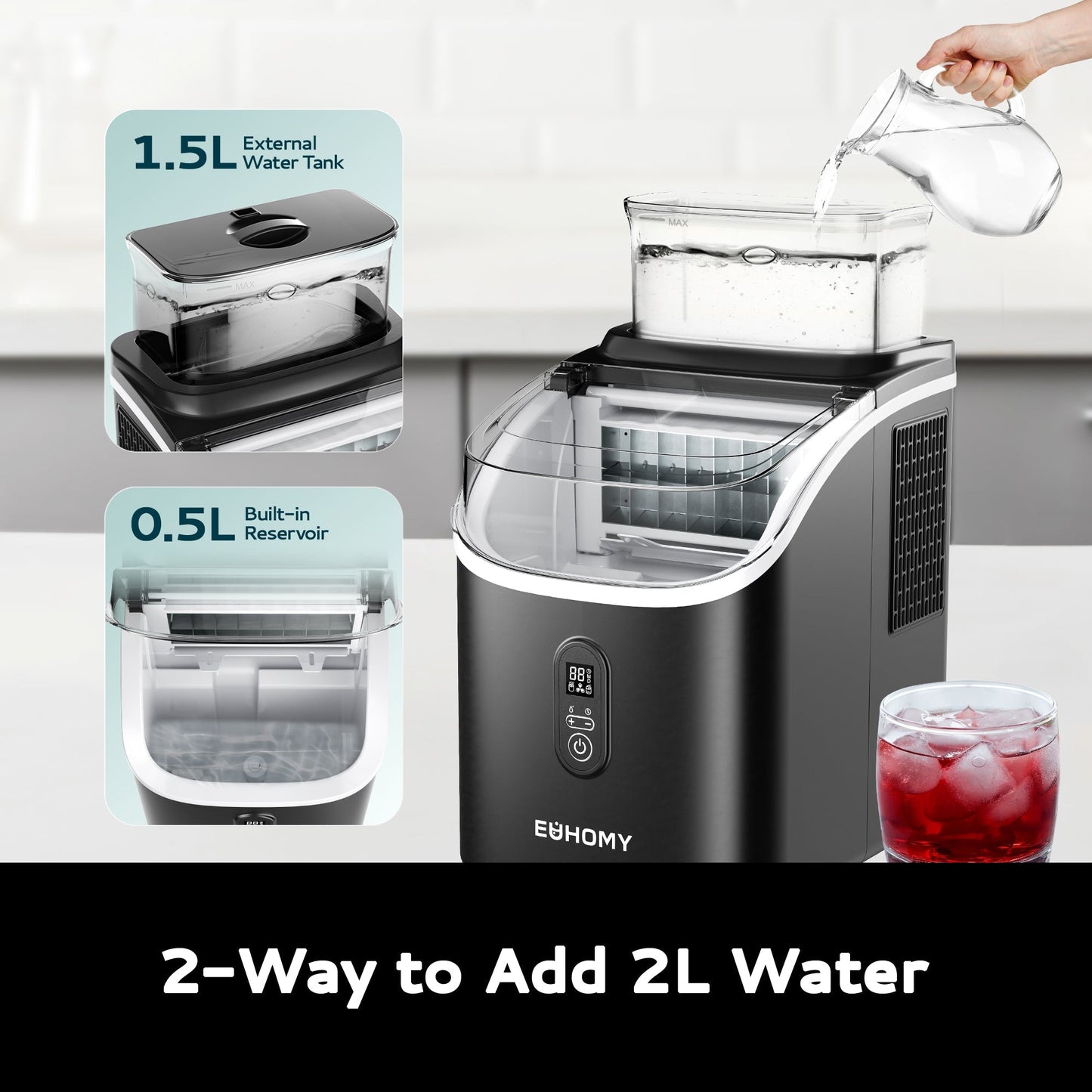 EUHOMY Tile SE Portable Cube Ice Maker Countertop - 1.5L Extra Large Water Tank, Adjustable Ice Thickness , Scheduled On/Off Timer, Auto-Cleaning