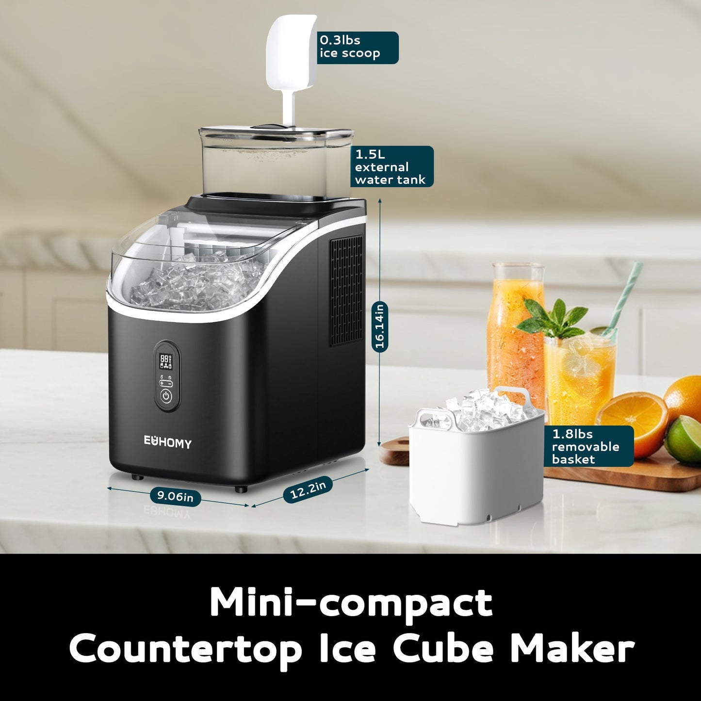 EUHOMY Tile SE Portable Cube Ice Maker Countertop - 1.5L Extra Large Water Tank, Adjustable Ice Thickness , Scheduled On/Off Timer, Auto-Cleaning
