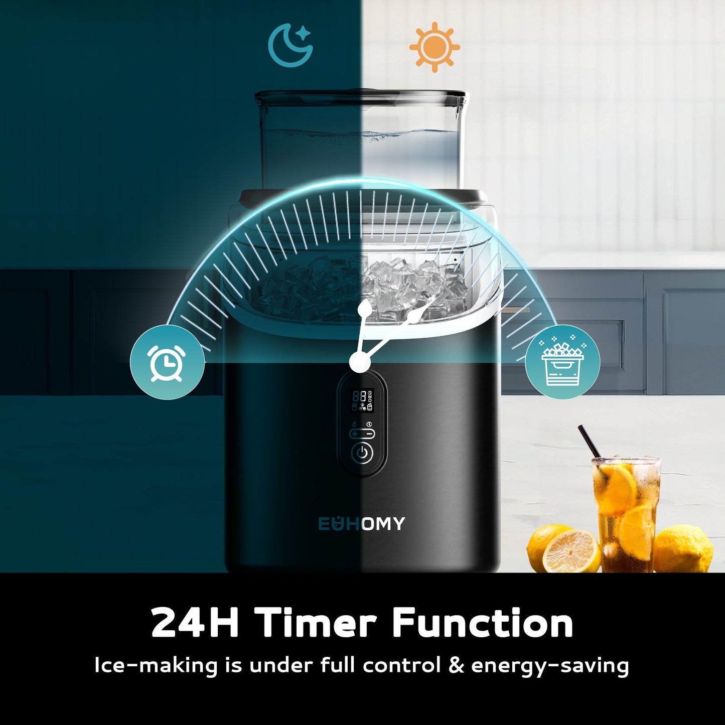 EUHOMY Tile SE Portable Cube Ice Maker Countertop - 1.5L Extra Large Water Tank, Adjustable Ice Thickness , Scheduled On/Off Timer, Auto-Cleaning