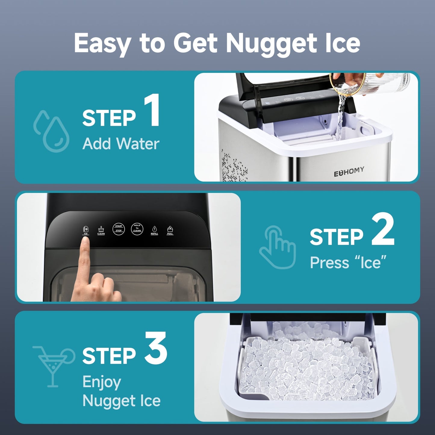 EUHOMY Pearl U1 Portable Nugget Ice Maker Countertop - 35Lbs/24H, 8 Mins Fast Chewable Clear Ice, Self-Cleaning