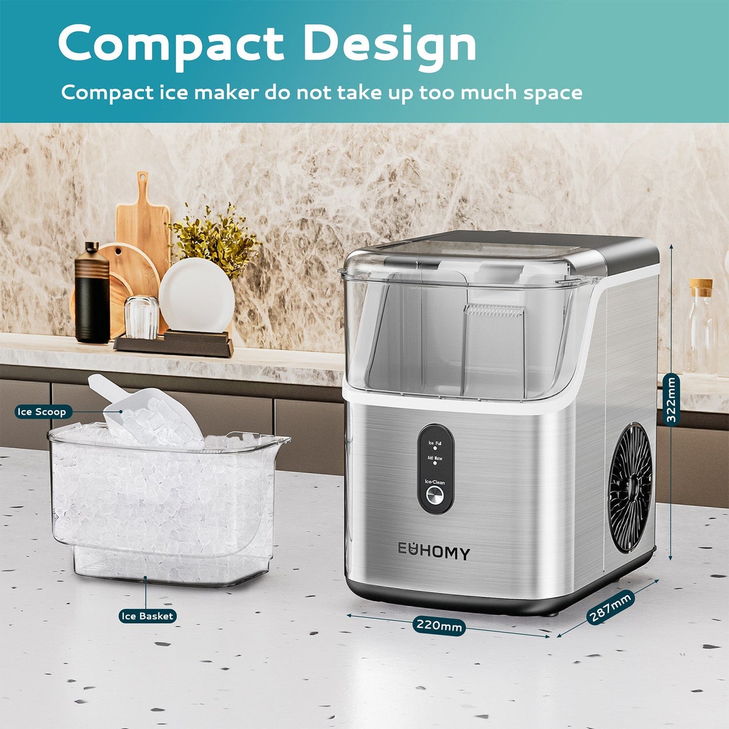 EUHOMY Pearl L1 Portable Nugget Ice Maker Countertop – 35 Lbs/24H, 6–8 Mins Fast Soft Ice, Simple & Clear LCD Panel