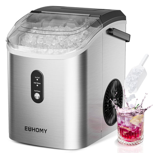 EUHOMY Pearl H1 Portable Nugget Ice Maker With Handle Countertop – Stainless Steel, 34Lbs/24H, 6-Min Fast Ice, Auto-Cleaning, Ice Full & Add Water Alerts