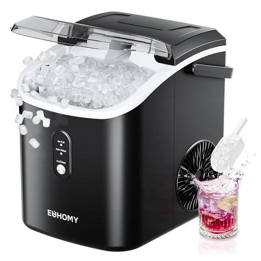 EUHOMY Pearl H1 Portable Nugget Ice Maker Countertop With Handle– 34Lbs/24H, 6-Min Fast Ice, Ice Full & Add Water Alerts