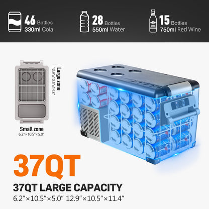Euhomy 12 Volt Portable Refrigerator – 38 Quart, Dual Storage Area, App Control, Frost Free, Gray