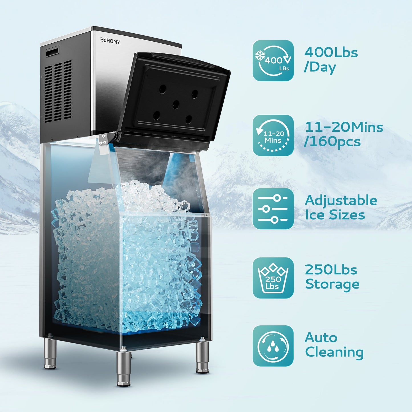 EUHOMY 400/450Lbs/24H Easy-to-Install Commercial Ice Maker Machine