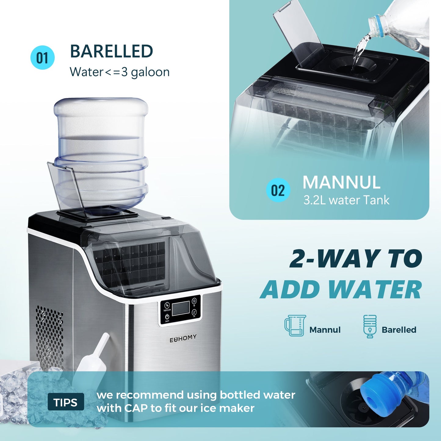 EUHOMY Tile Plus Portable Cube Ice Maker Countertop - 2.6L Ice Basket, Adjustable Ice Thickness , Scheduled On/Off Timer, Self-Cleaning