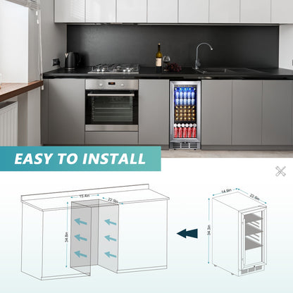 EUHOMY 15 Inch Beverage Refrigerator Cooler Under Counter 127 Cans Beverage Fridge with Glass Door Wine Cooler