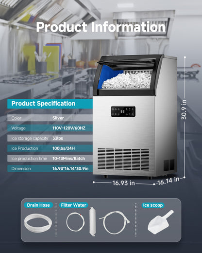 Euhomy Freestanding Ice Maker, 105 lbs/24H, Water Filter, Stainless Steel Build, Ideal for Restaurants & Bars
