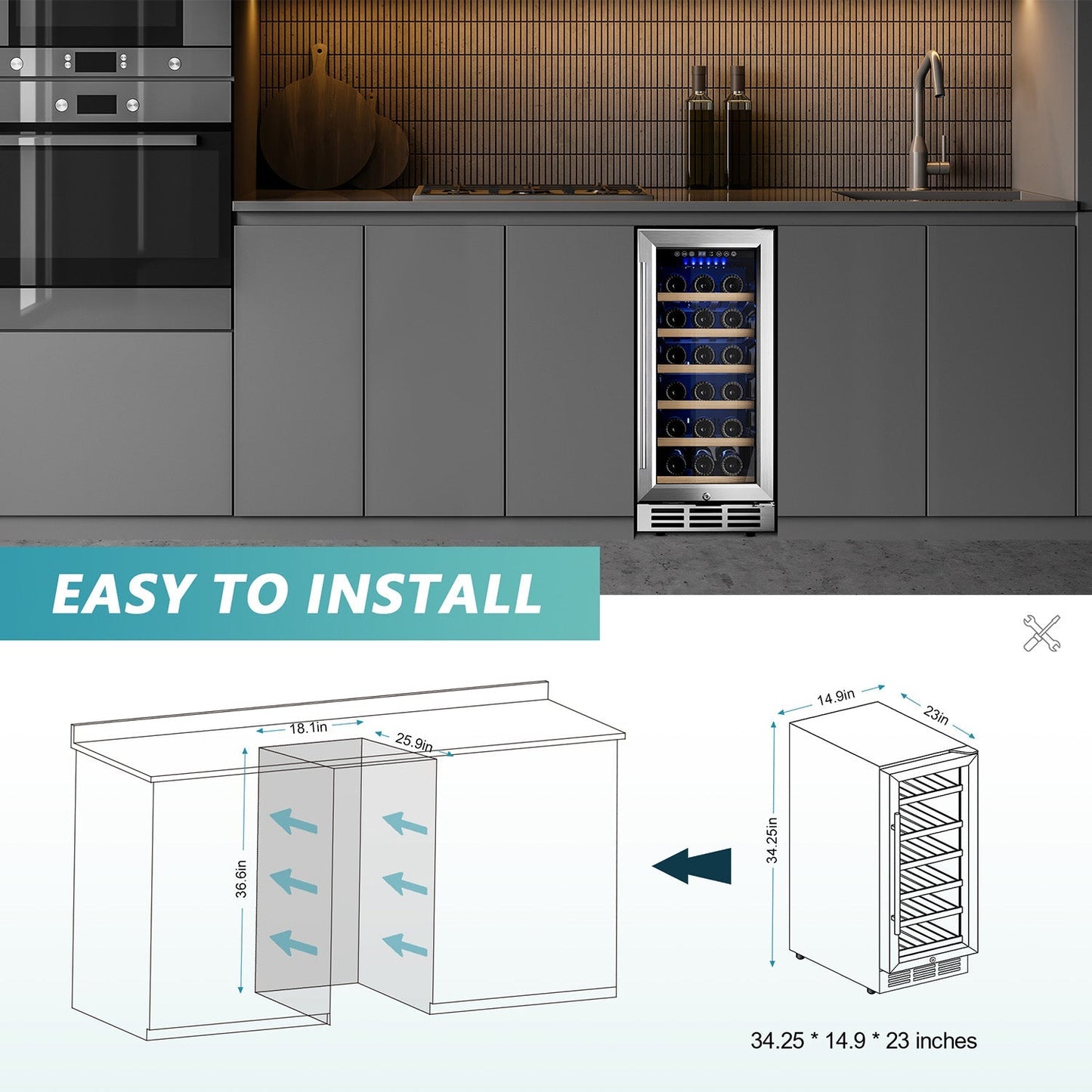 EUHOMY 15 Inch Wine Fridge Low Noise Beverage Refrigerator Wine Cooler