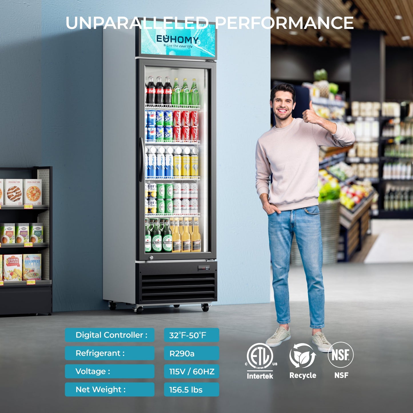 EUHOMY Commercial Display Refrigerator Glass Door Merchandiser Drink Fridge