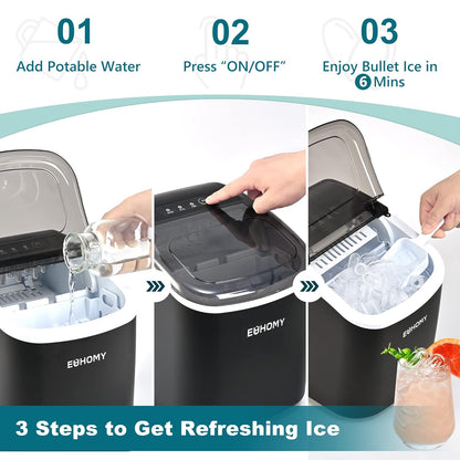 EUHOMY Dart H1 Portable Bullet Ice Maker Countertop With Handle - Black，12 inch, 26 Lbs/24H, Ready 9 Bullets in 6 Mins，Low Noise