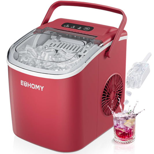 EUHOMY Dart H1 Portable Bullet Ice Maker Countertop With Handle - Red，12 inch, 26 Lbs/24H, Ready 9 Bullets in 6 Mins, Self-Cleaning